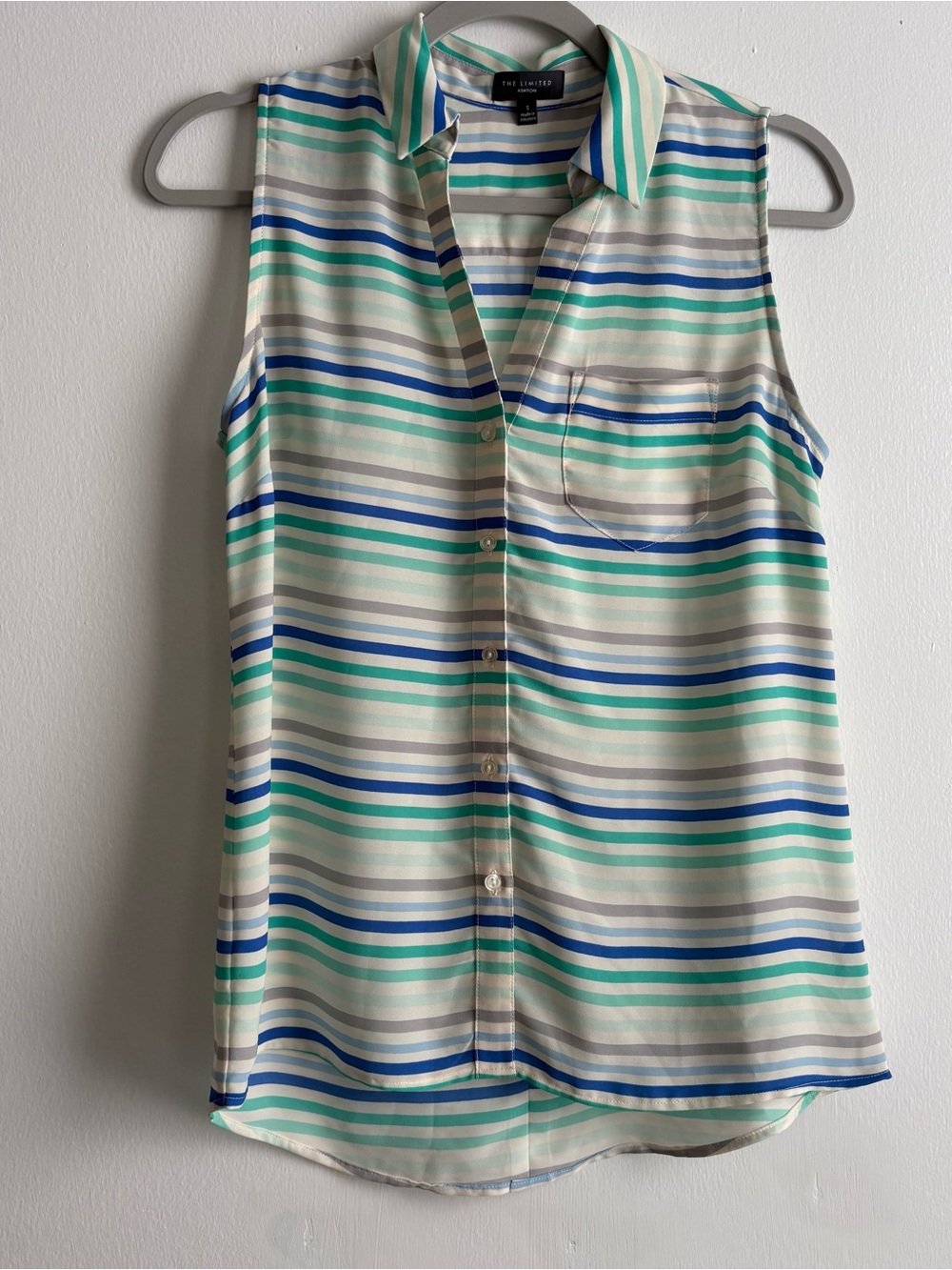 The Limited Ashton Striped Sleeveless Button-Up Blouse in Mint, Blue, and Gray
